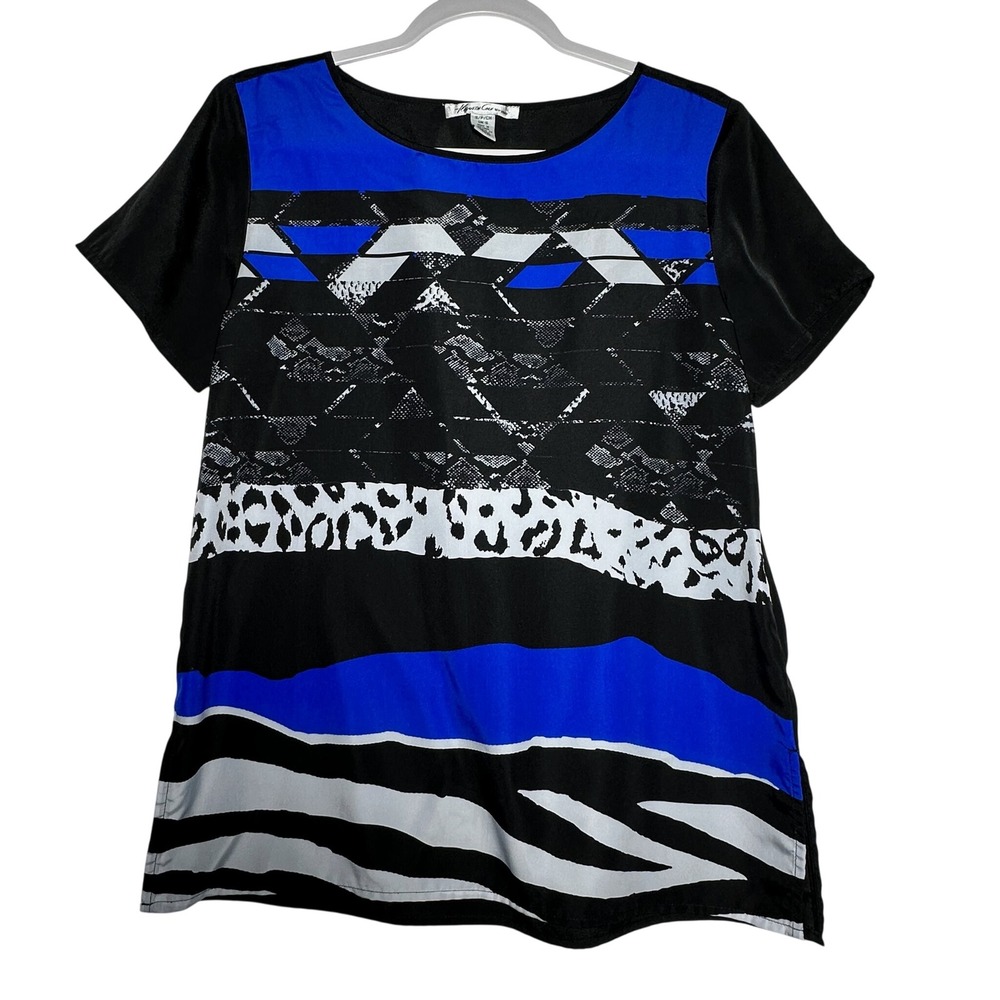 Kenneth Cole New York Womens S Black Blue Geometric‎ Print Short Sleeve Top